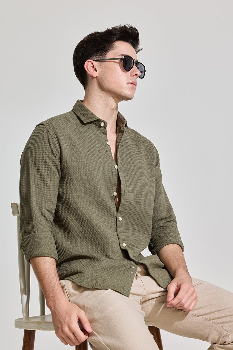 SNITCH Olive Slim Fit Textured Shirt - Image 5